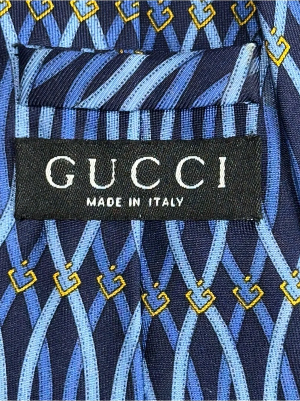 Gucci Navy Light Blue Gold G Logo Link Interlocking Print Silk Necktie Tie - Picture 6 of 12